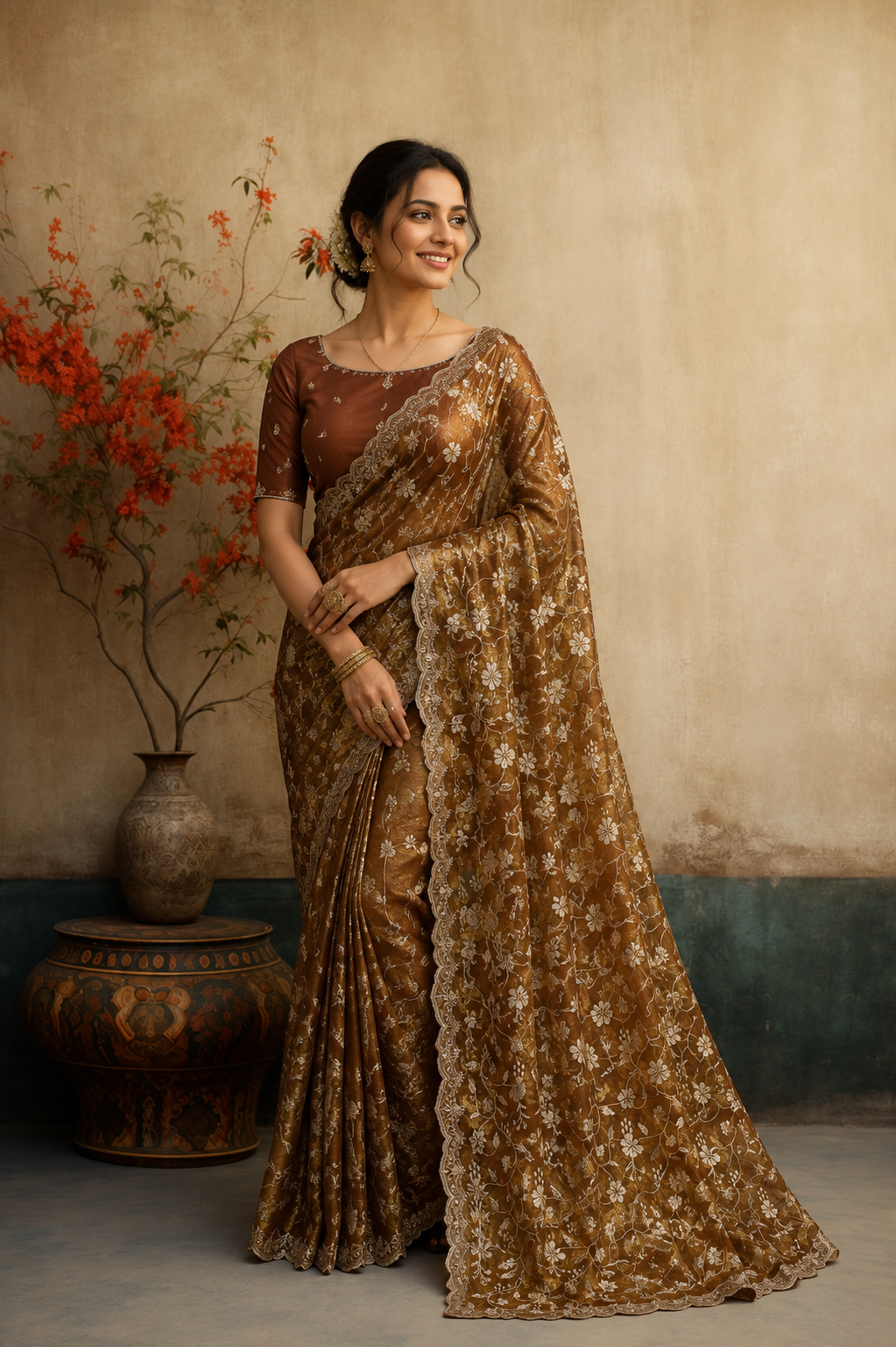 Elegant Coffee Brown Floral Embroidered Organza Saree