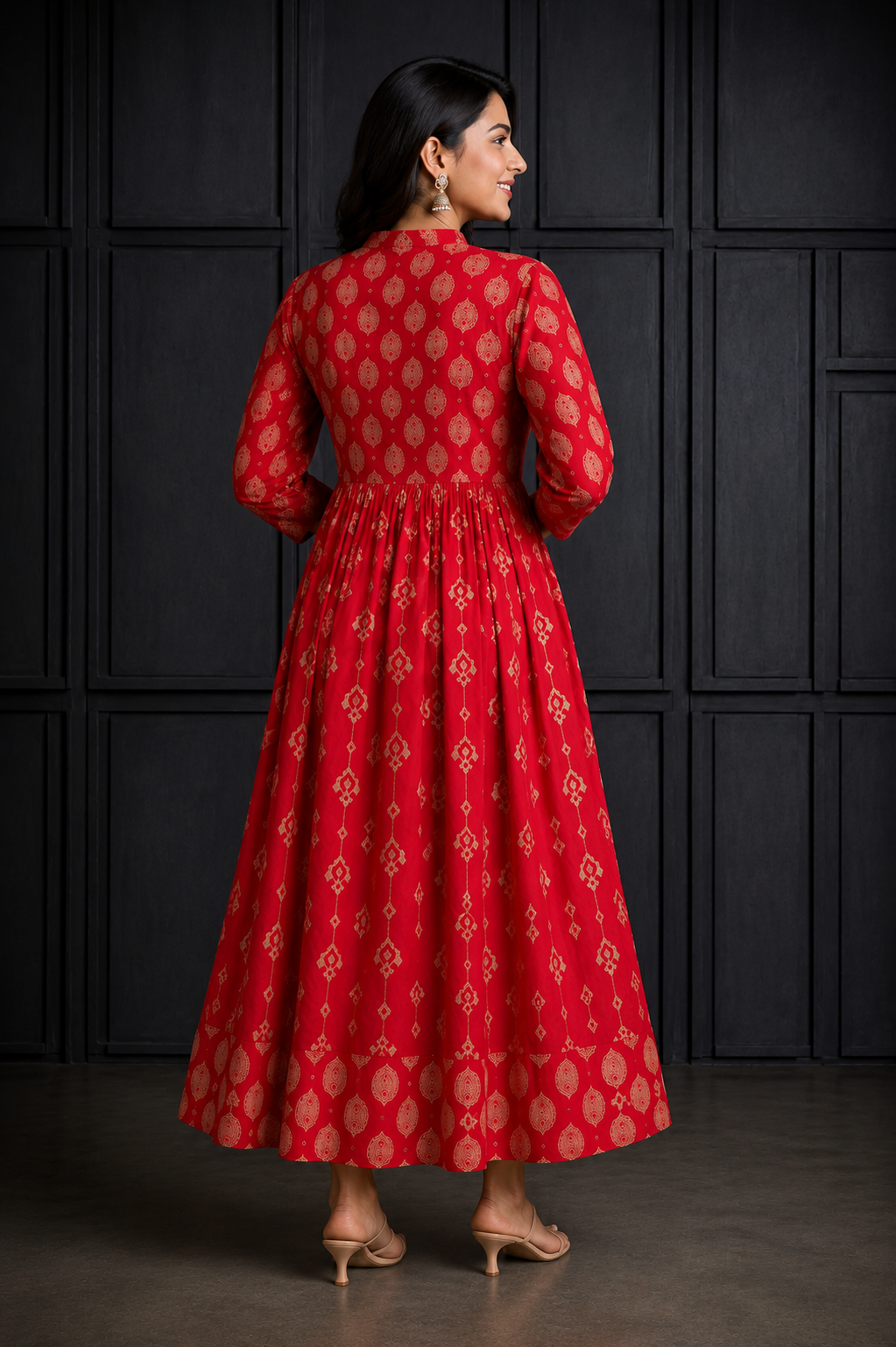 Red & Gold Printed Women’s Festive Anarkali Dress