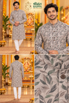 Men's Grey Leaf Printed Long Sleeve Kurta