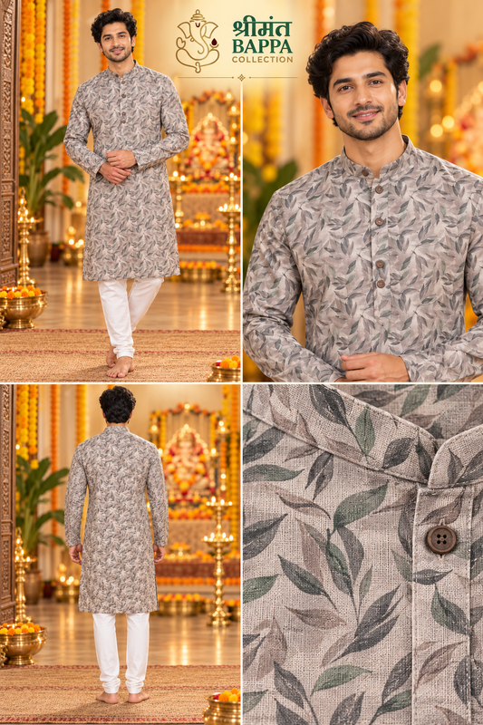 Men's Grey Leaf Printed Long Sleeve Kurta