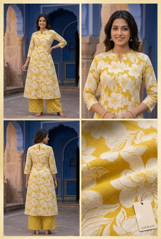 Mustard Yellow Floral Printed A-Line Kurta with Palazzo Pants Set