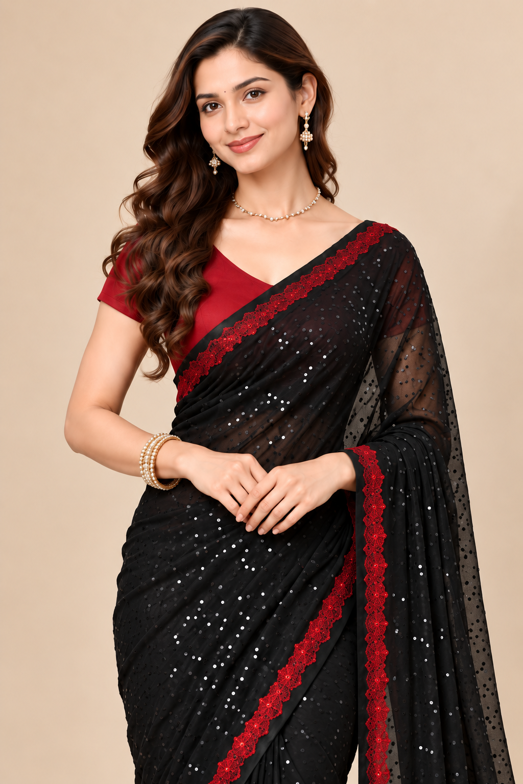 Black Sequin Saree with Red Lace Border