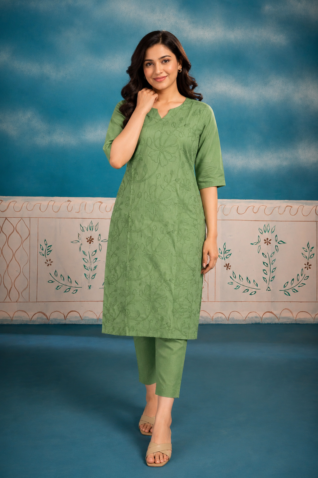 Women's Sage Green Floral Embroidered Straight Kurta Pant Set