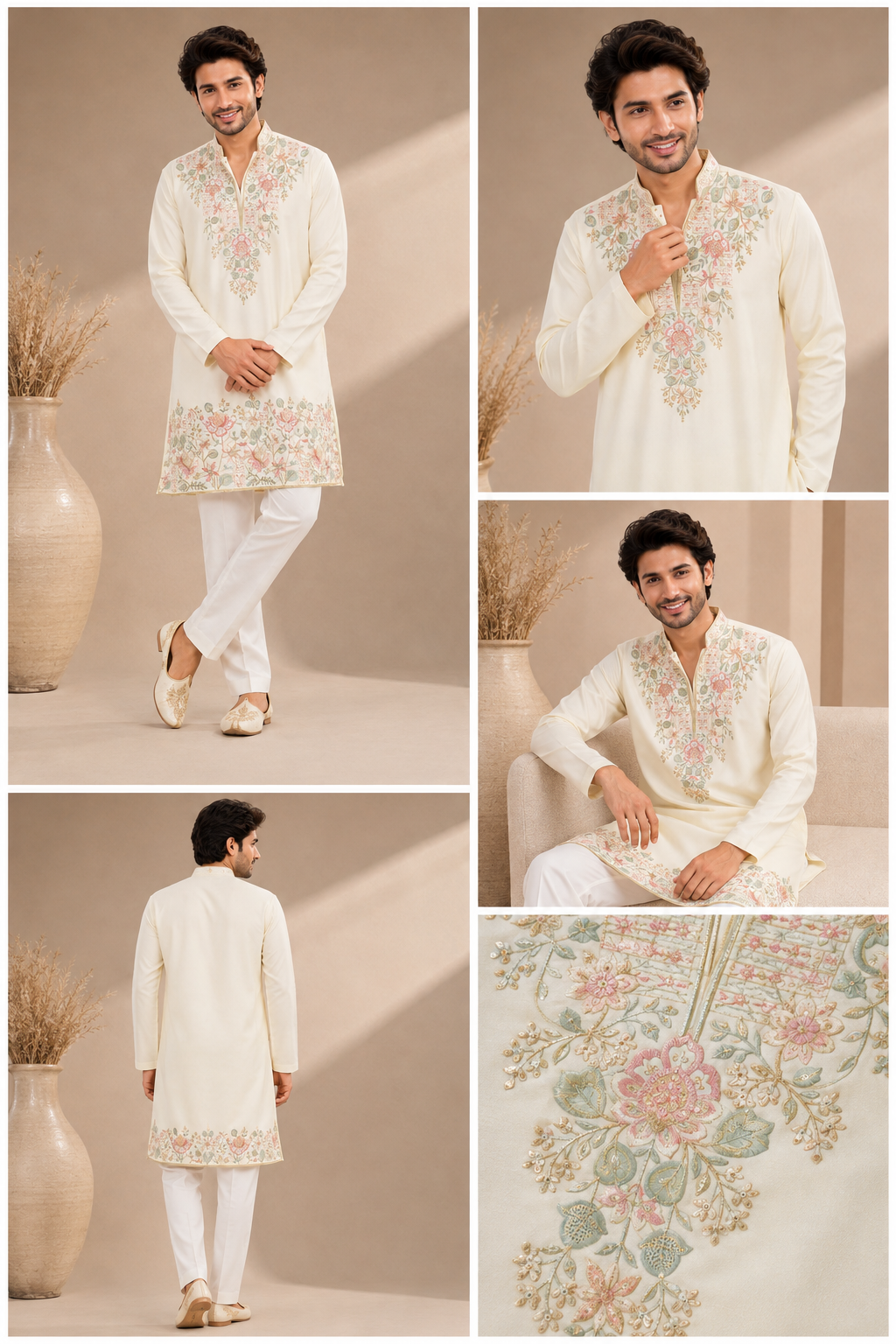 Ivory Floral Embroidered Men’s Festive Kurta