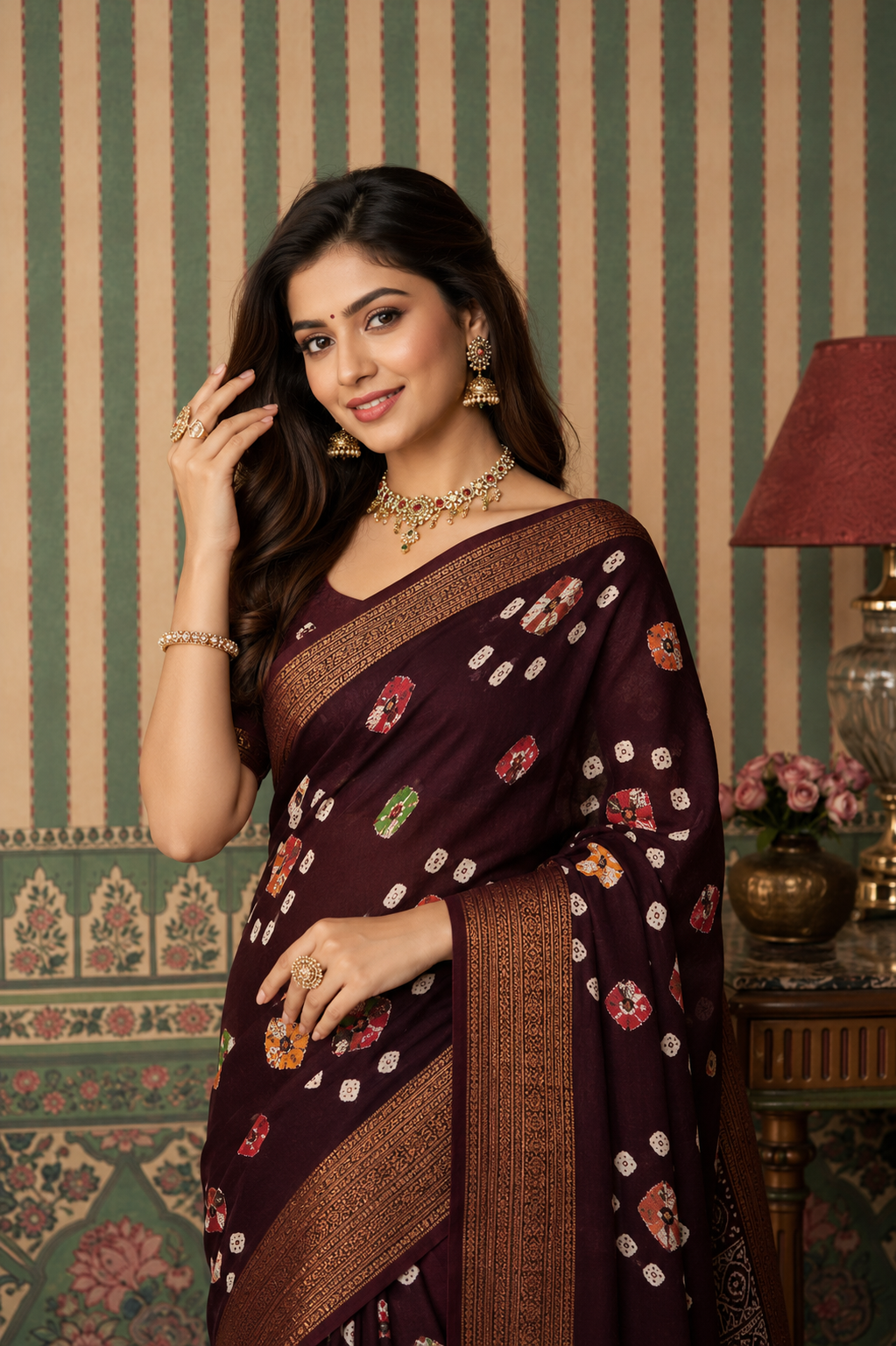 Elegant Wine  Printed Saree with Traditional Pallu