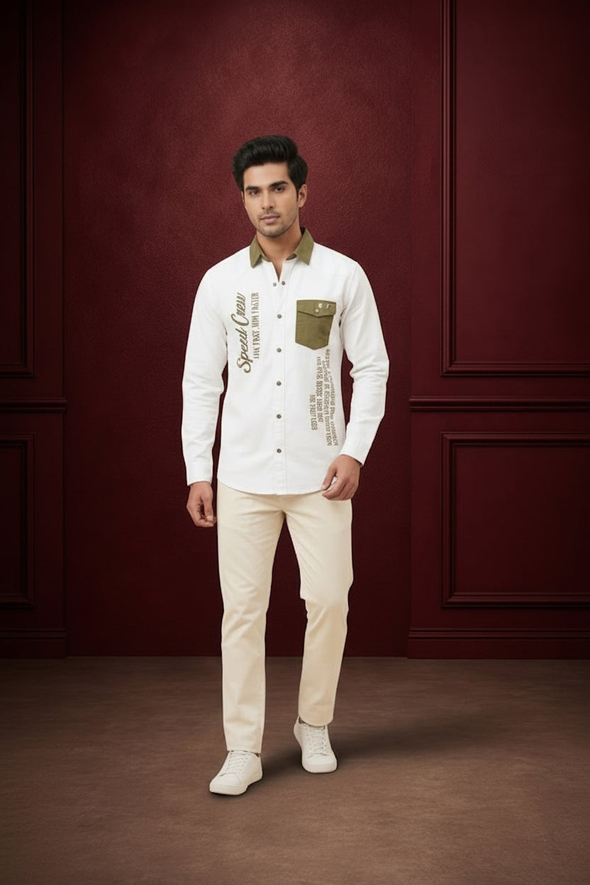 Men’s Premium Off-White Casual Shirt with Olive Collar & Pocket Detail