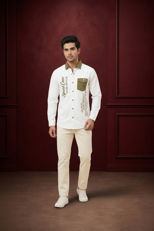Men’s Premium Off-White Casual Shirt with Olive Collar & Pocket Detail