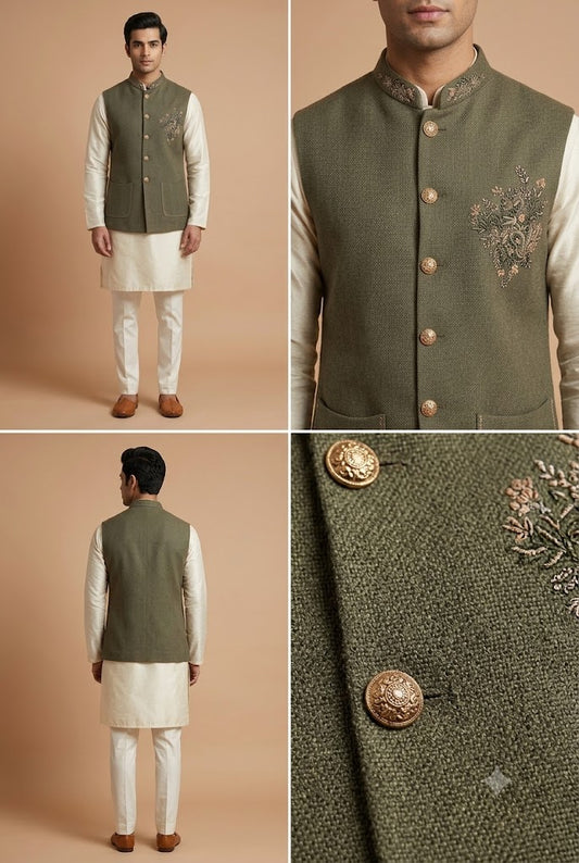 Olive Green Embroidered Nehru Jacket