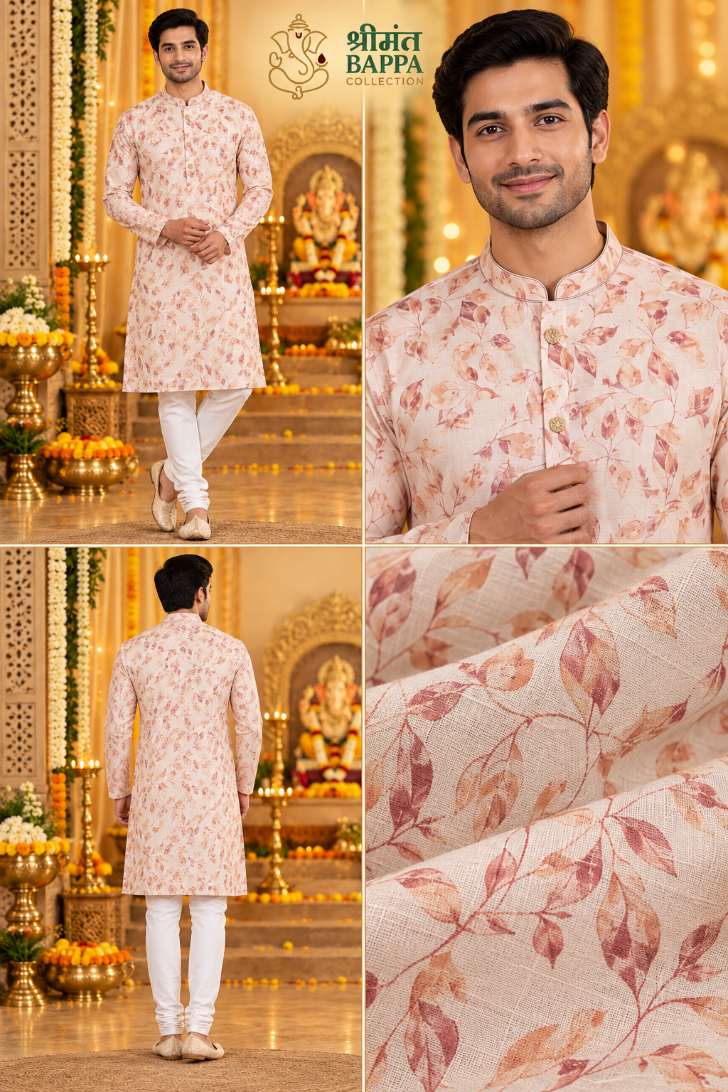 Men's Peach and Cream Leaf Printed Long Sleeve Kurta