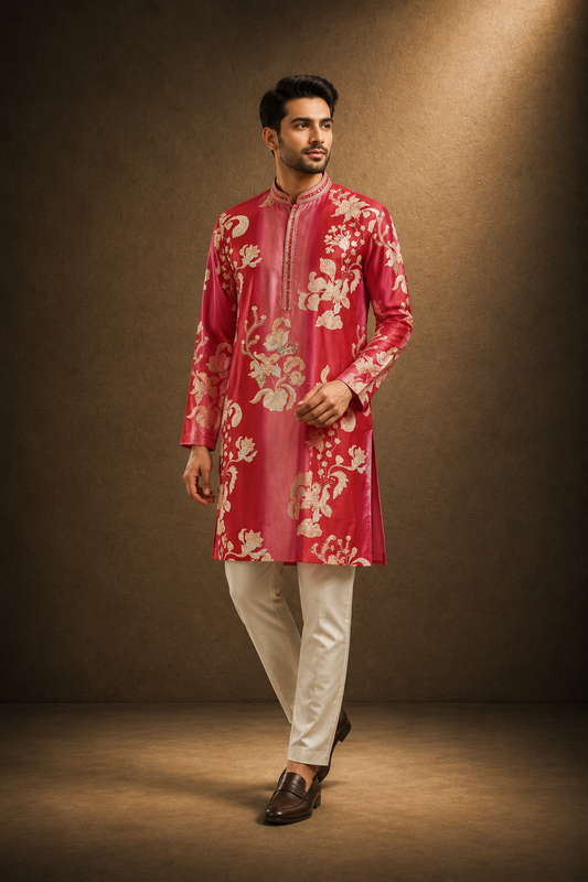 Crimson Red Floral Embroidered Kurta