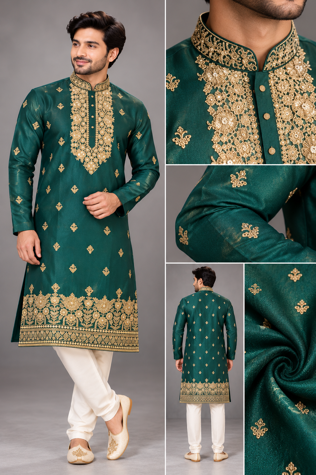 Men's Emerald Green Embroidered Only Festive Kurta