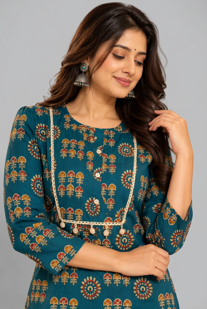 Elegant Teal Blue Printed Kurta Pant Co-Ord Set for Women