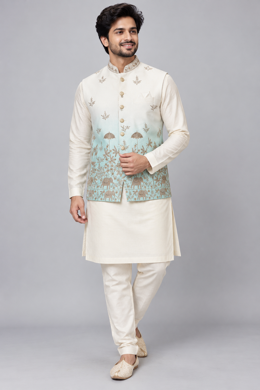 Premium Ivory & Aqua Blue Embroidered Modi Jacket