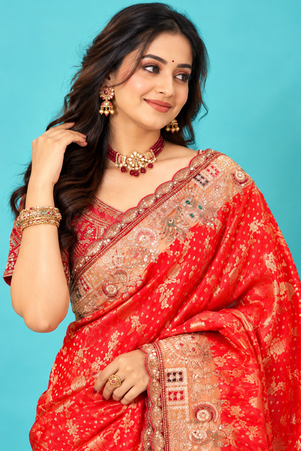 Royal Red Designer Saree with Golden Floral Motifs & Heavy Embroidered Border