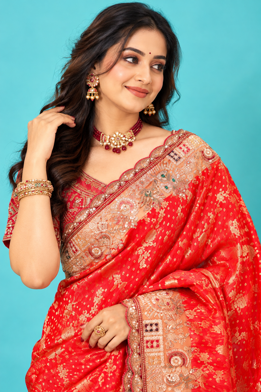 Royal Red Designer Saree with Golden Floral Motifs & Heavy Embroidered Border