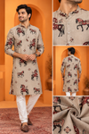 Men's Beige Horse Print Cotton Kurta