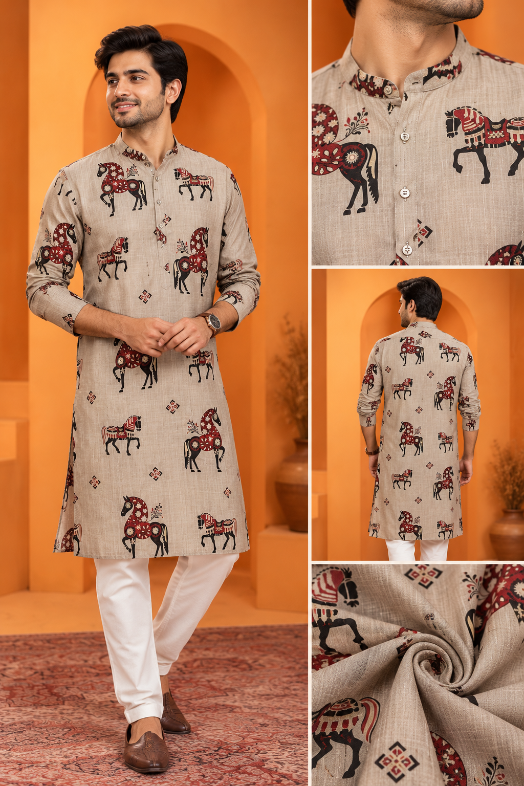 Men's Beige Horse Print Cotton Kurta