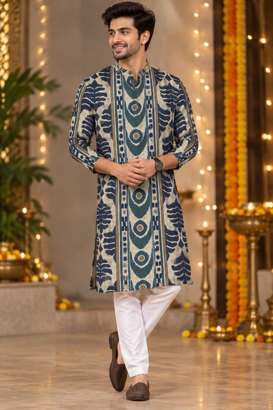 Navy Blue & Beige Tribal Print Festive Kurta