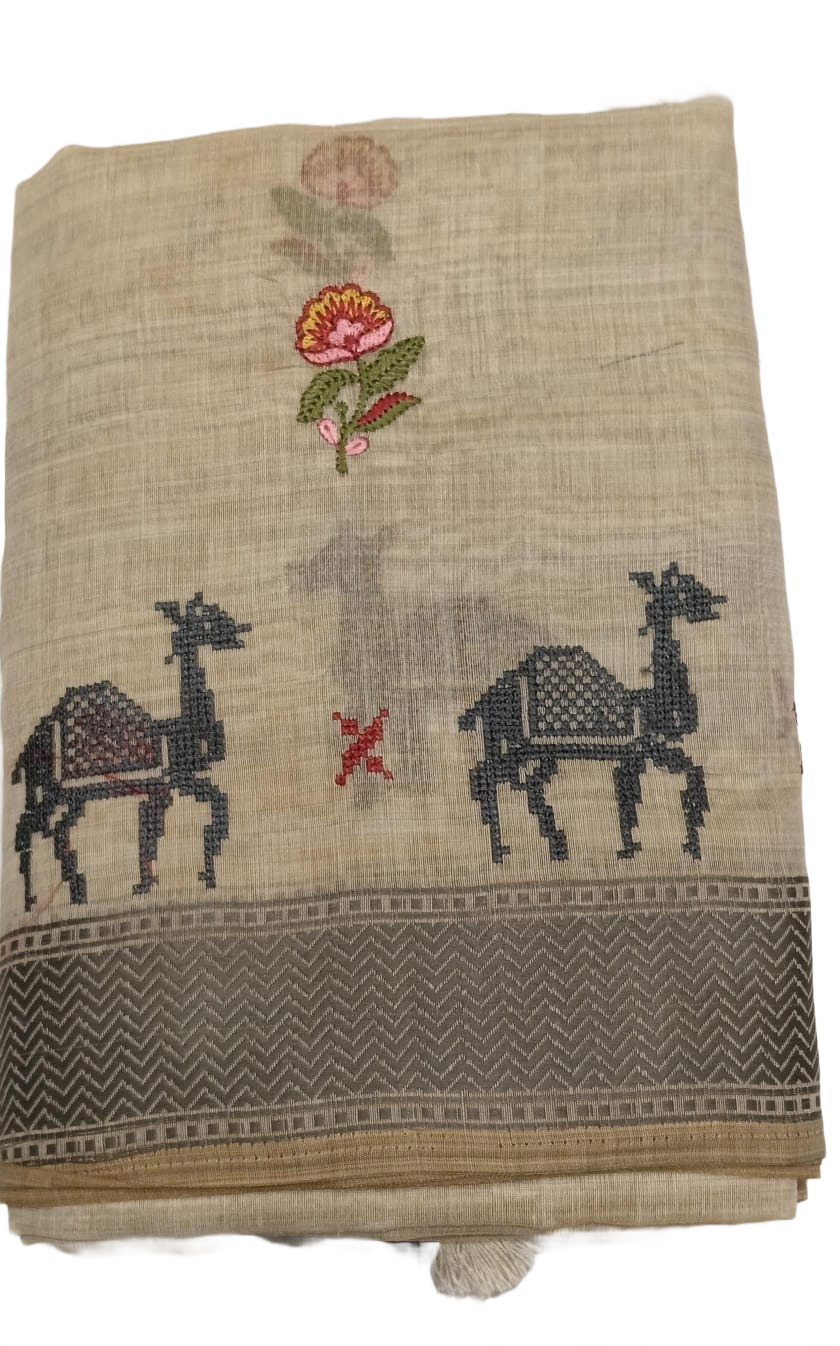 Ivory Saree with Traditional Motifs & Grey Border