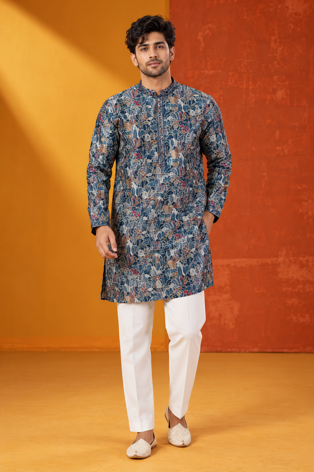 Men's Premium Blue Multicolour Floral Printed Kurta Set