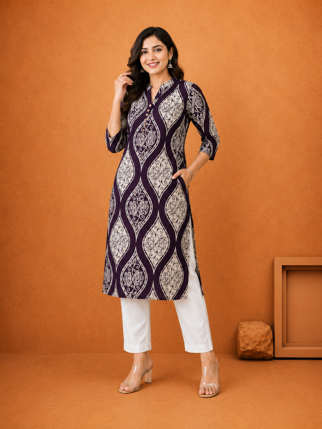 Women's  White Geometric Printed Kurti