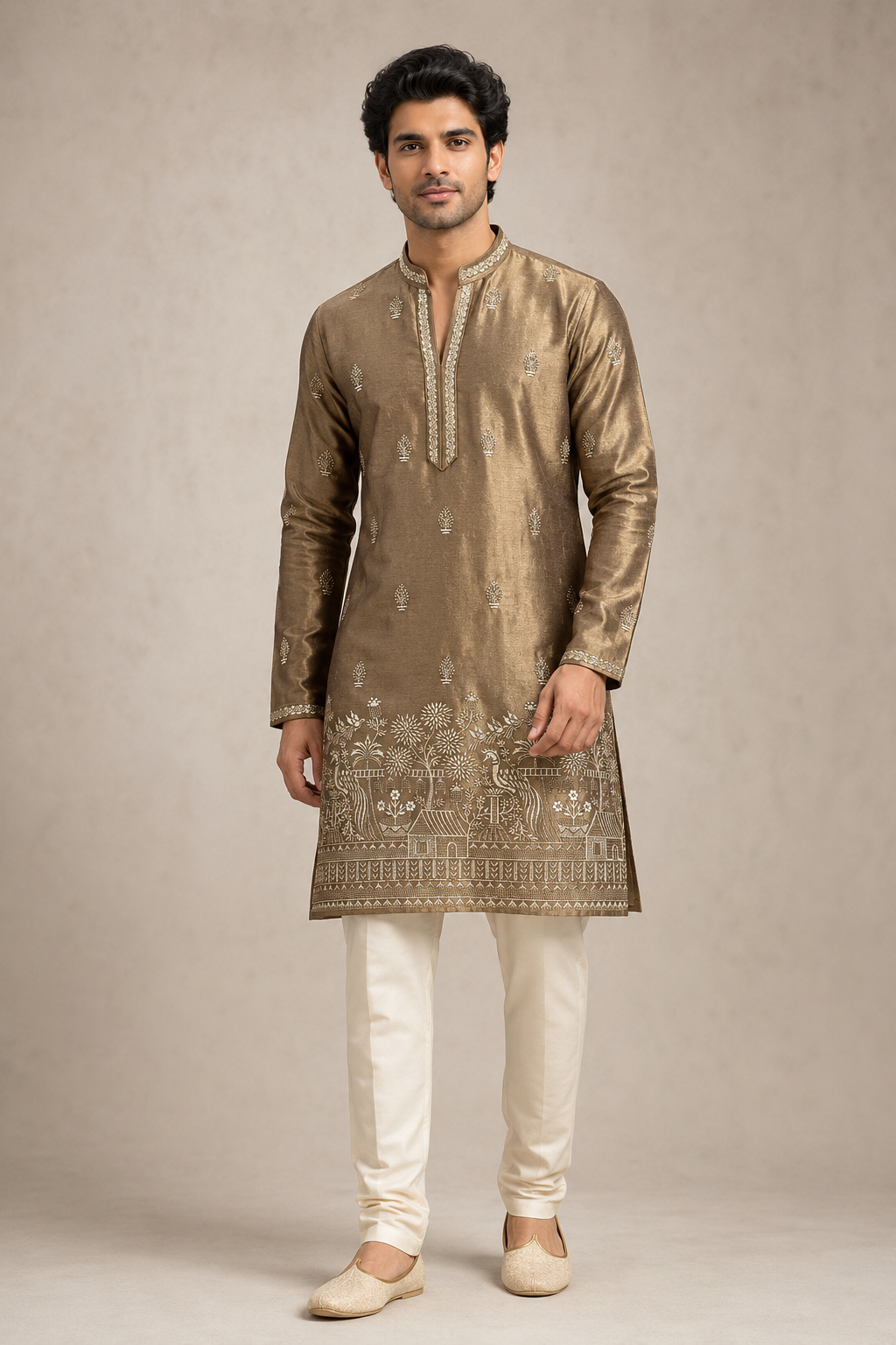 Antique Gold Embroidered Festive Kurta Set