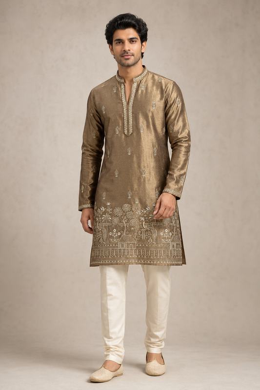 Antique Gold Embroidered Festive Kurta Set