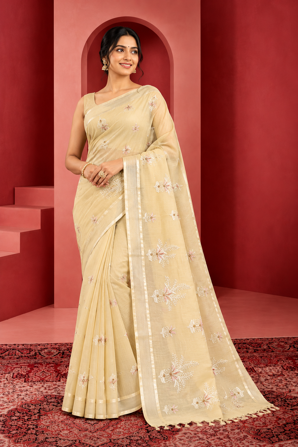 Elegant Cream Embroidered Saree