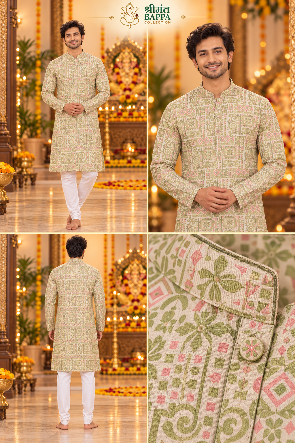 Men's Light Green Geometric and Floral Print Long Sleeve Kurta