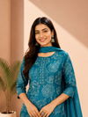 Teal Blue Floral Printed Kurta Pant & Dupatta Set