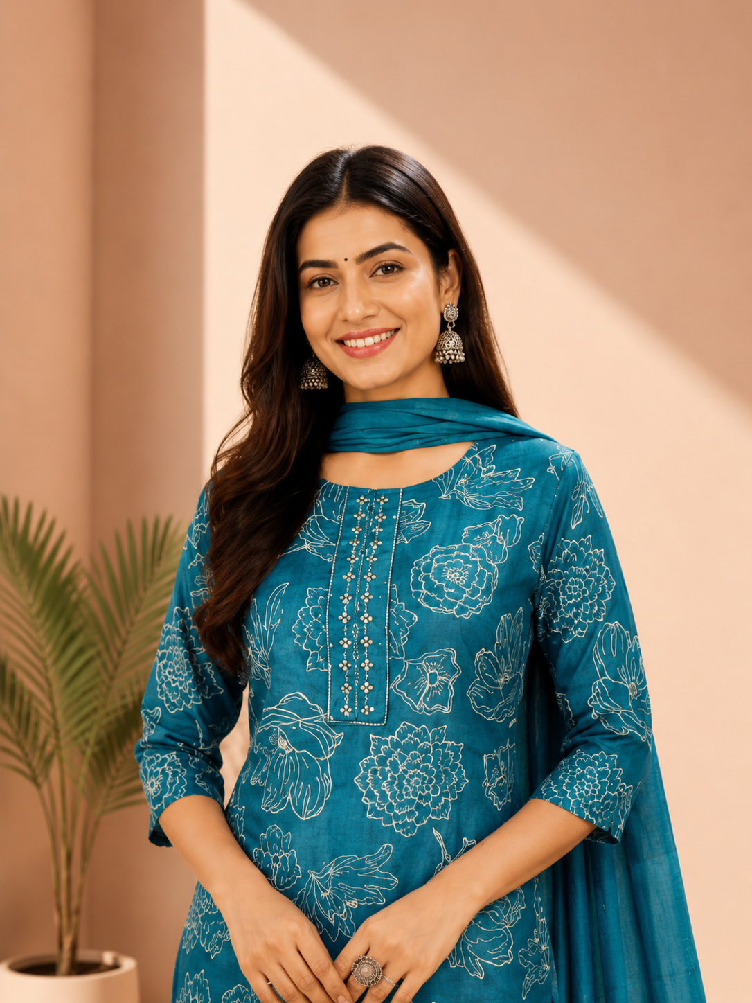 Teal Blue Floral Printed Kurta Pant & Dupatta Set