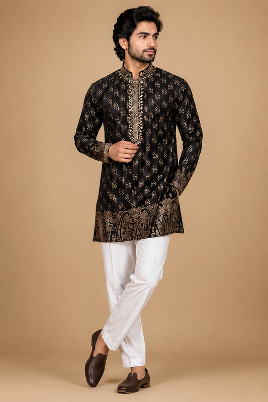 Black & Gold Embroidered Festive Kurta