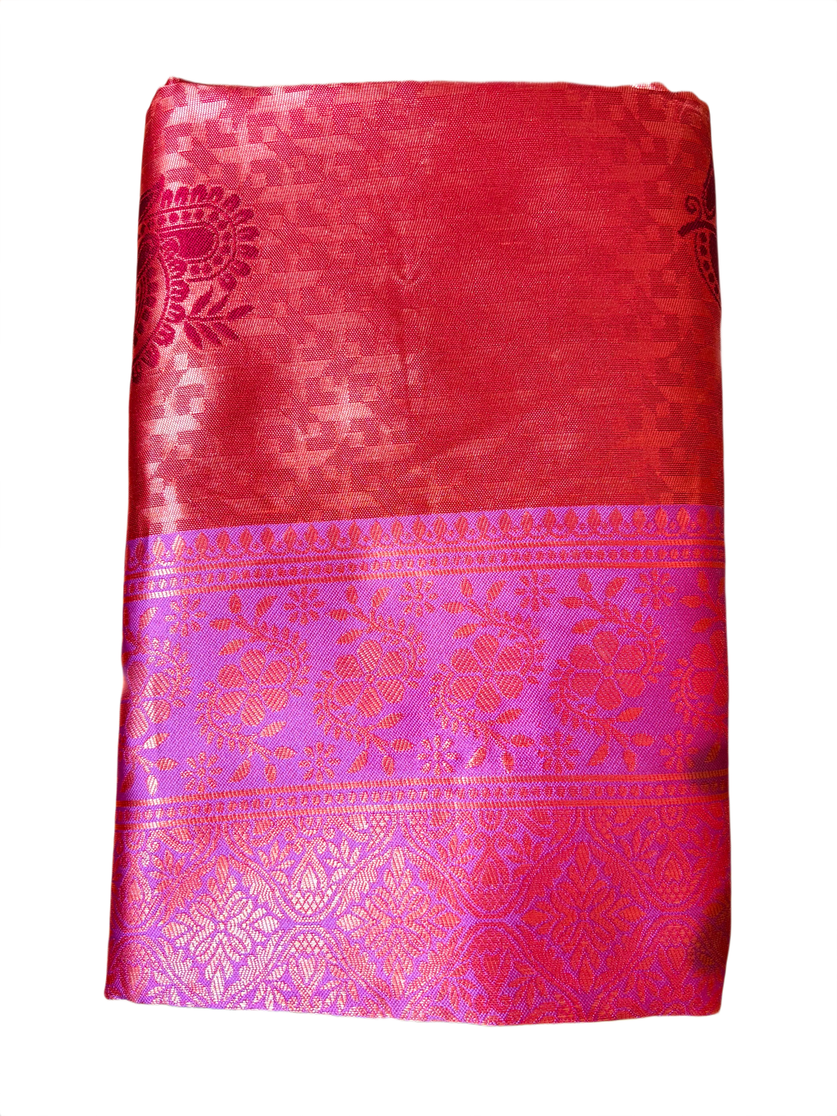 Coral Pink Banarasi Silk Saree with Purple Zari Border