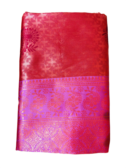 Coral Pink Banarasi Silk Saree with Purple Zari Border
