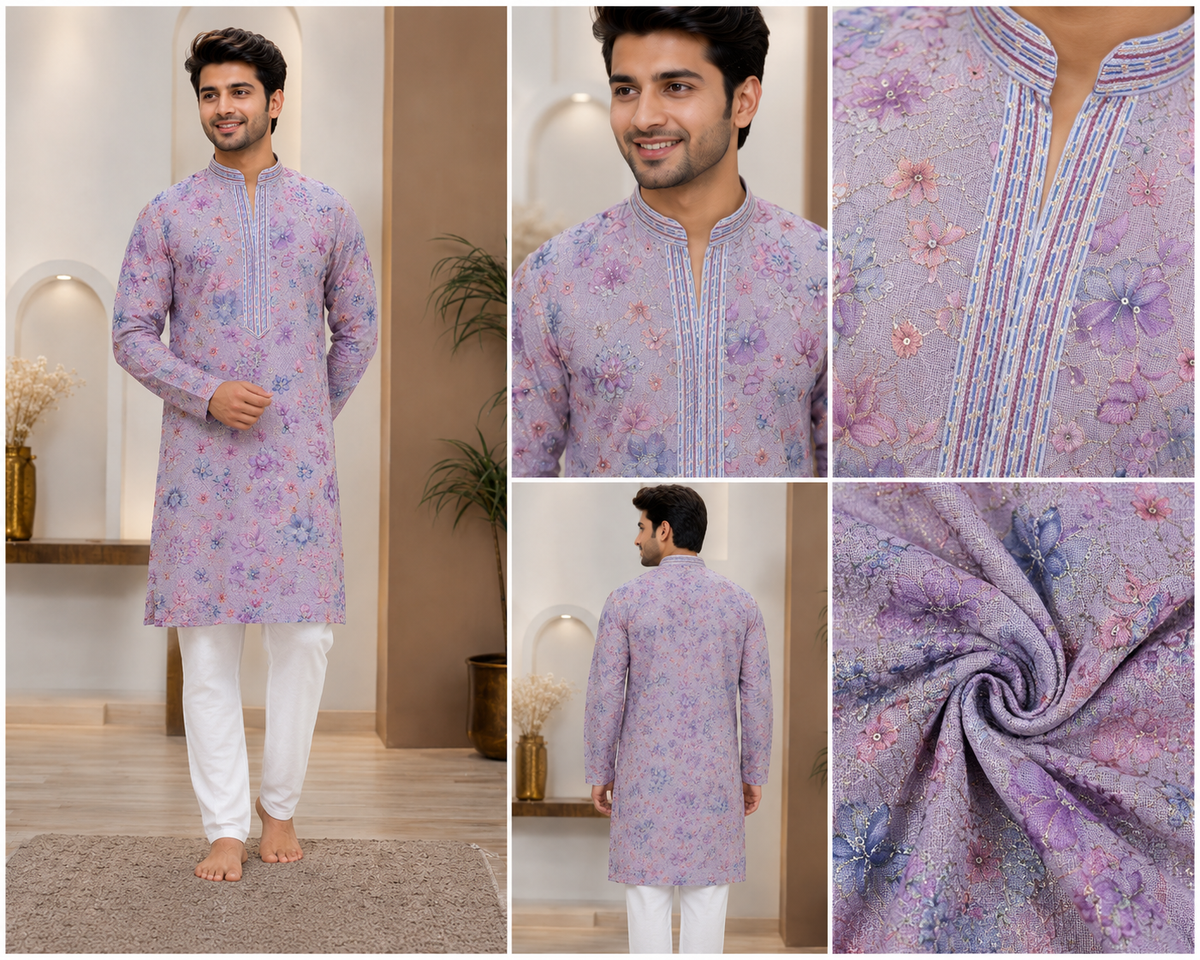 Lavender Floral Print Festive Kurta Set