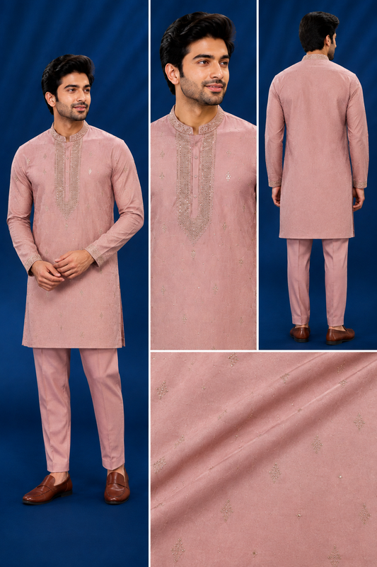 Dusty Pink Embroidered  Kurta for Men