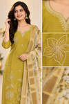 Mustard Yellow Embroidered Kurta Pant Set with Floral Dupatta