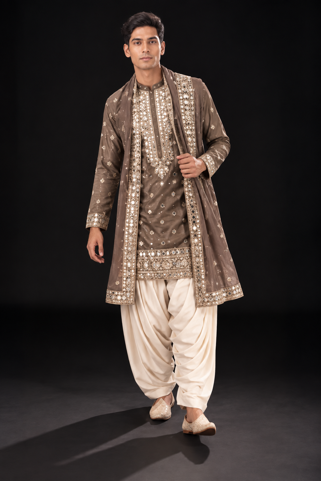 Taupe Mirrorwork Kurta with Dupatta