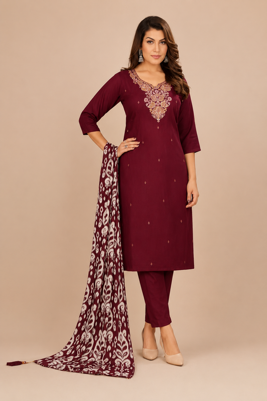 Women’s Black Embroidered Kurta Pant Set with Printed Dupatta