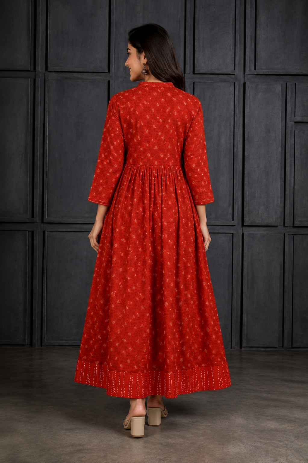 Red Printed Flared Anarkali Maxi Dress