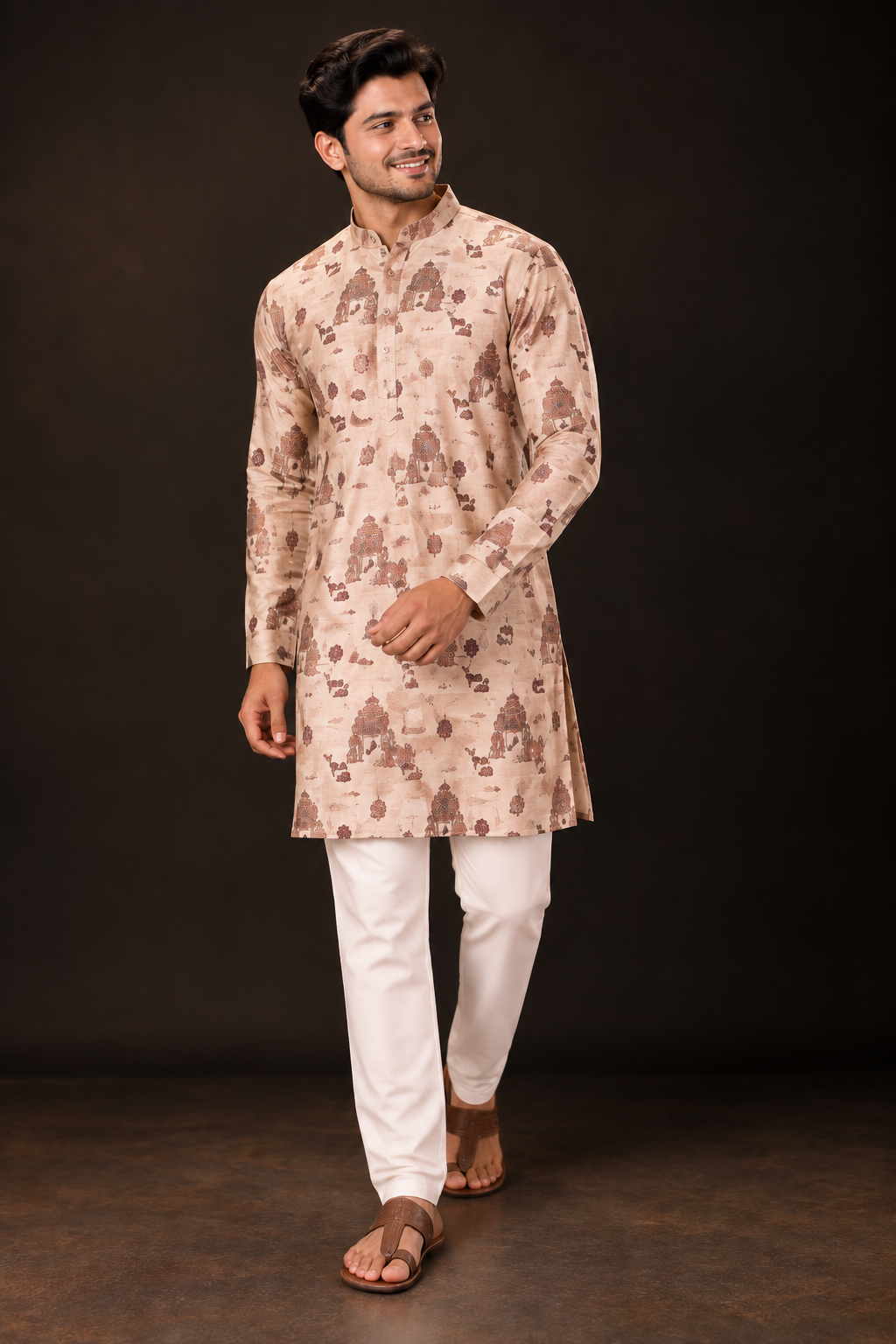 Peach Printed Festive Kurta Set