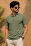 Olive Green Textured Polo T-Shirt for Men | Premiu Cotton Blend Polo