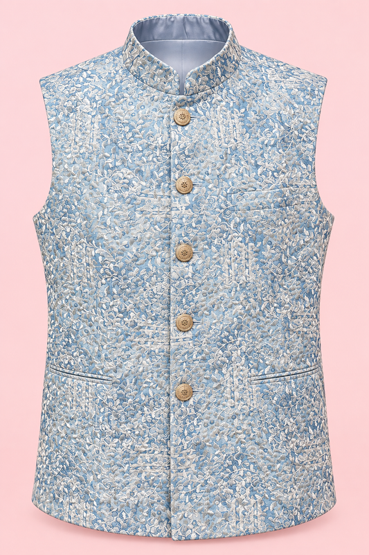 Sky Blue Floral Jacquard Nehru Jacket