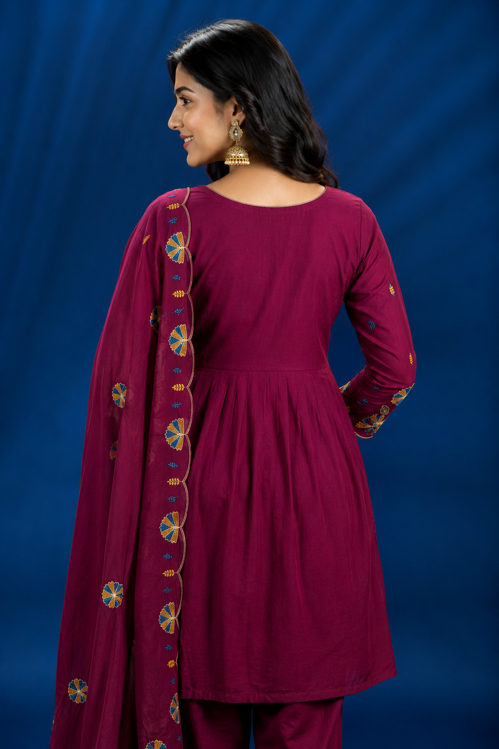 Floral Embroidered Kurti, Bottom & Dupatta Set