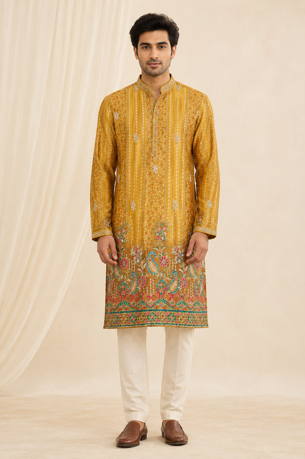 Men’s Mustard Yellow Printed & Embroidered  Kurta Set