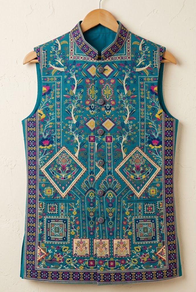 Teal Blue Multicolour Digital Printed Nehru Jacke