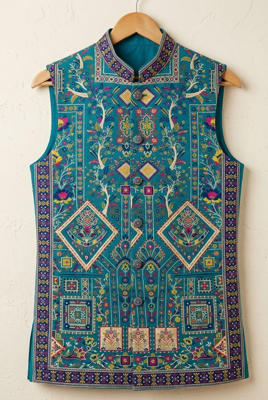 Teal Blue Multicolour Digital Printed Nehru Jacke