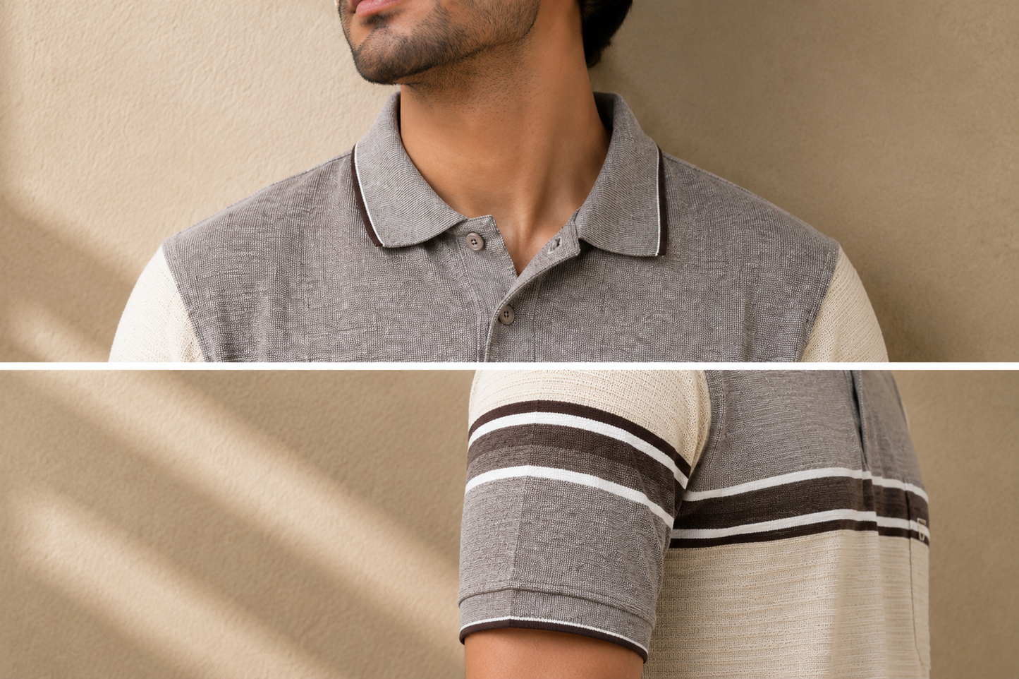 Classic Grey & Cream Striped Polo T-Shirt for Men