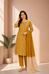 Mustard Yellow Printed Kurti Pant & Dupatta Set