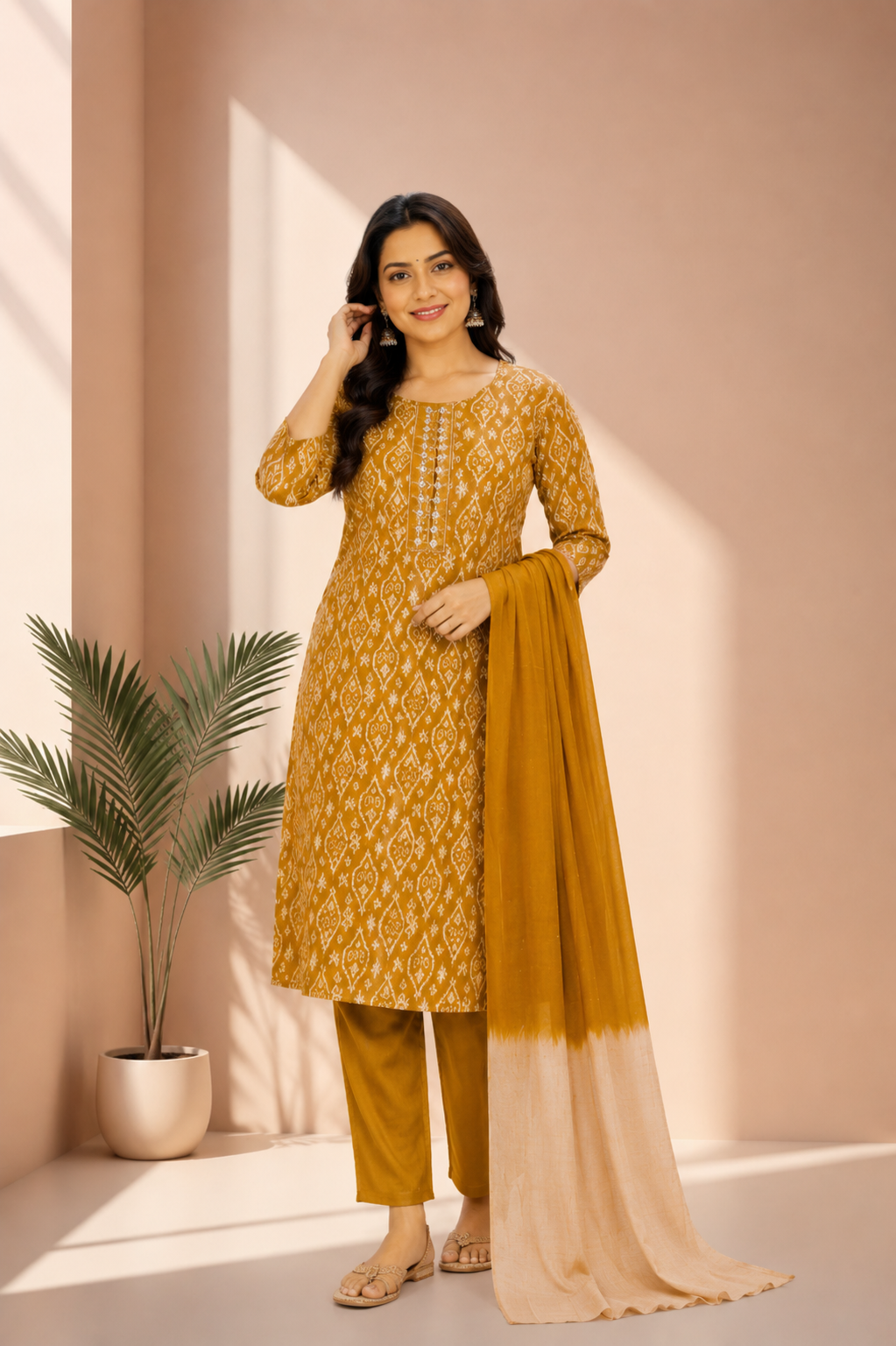 Mustard Yellow Printed Kurti Pant & Dupatta Set